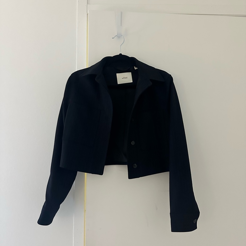 Cropped Navy striped Women's Jacket - Minimal Button Front